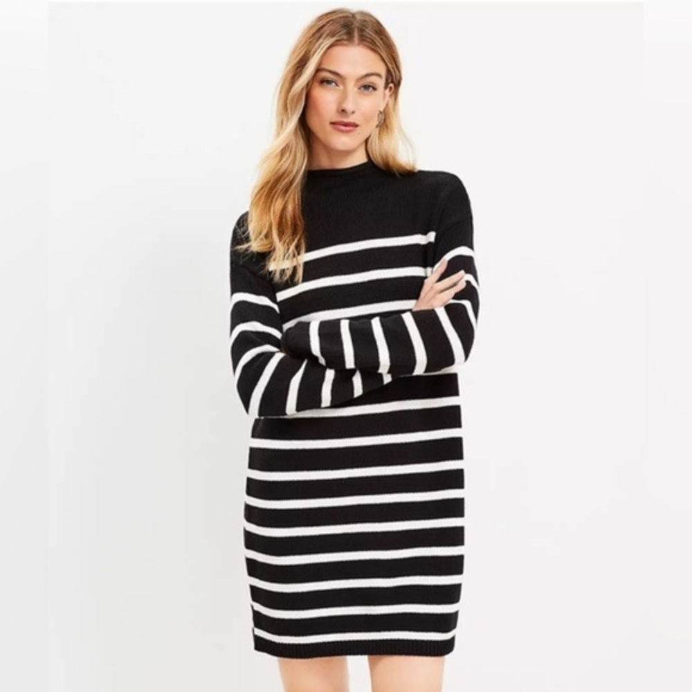 LOFT Black and White Striped Long Sleeve Sweater Dress